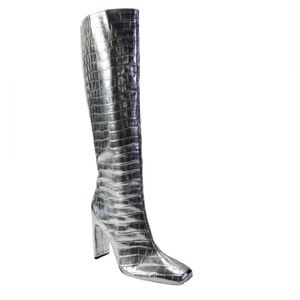Zara Womens Side Zip Block Heel Croc Printed Knee High Boots Silver Size 39 -New